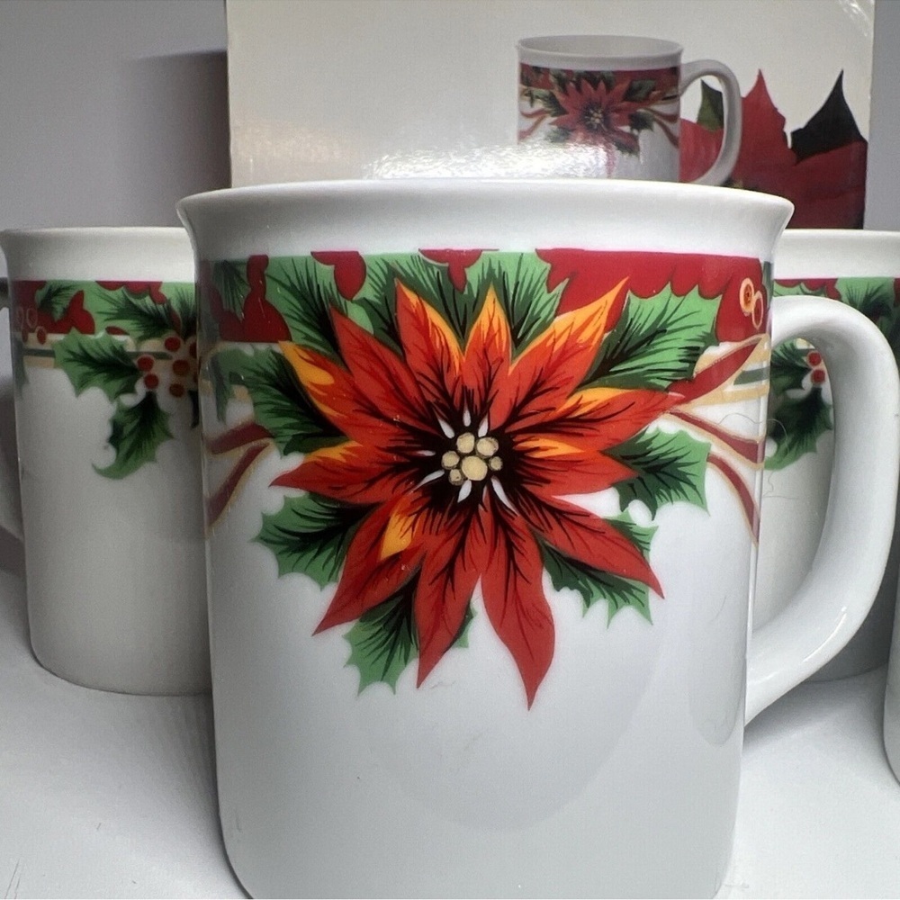 Set of 4 Christmas Poinsettia Holiday Coffee Tea Cups Mugs Fine Porcelain China - Picture 2 of 4